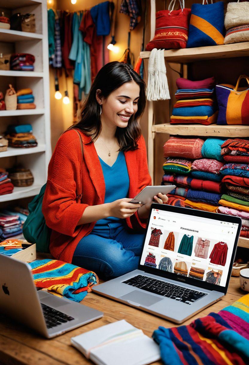 A cozy online shopping scene featuring a happy shopper browsing Paraguayan online marketplaces, surrounded by colorful and affectionate bargains. Include elements like traditional Paraguayan crafts, a laptop displaying vibrant sales, and various products like textiles and unique gifts. The atmosphere should feel warm and inviting, evoking a sense of retail therapy with heart. super-realistic. vibrant colors. warm lighting.