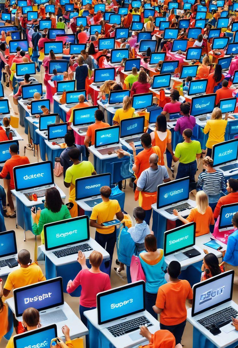 A modern digital shopping scene featuring a diverse group of happy shoppers enthusiastically using their smartphones and laptops, surrounded by icons representing savings, discounts, and online shops. Bright colors and dynamic visuals highlight the excitement of finding deals. A backdrop of shopping carts and digital screens displaying 'Sale' and 'Discount!' signs adds to the vibrant atmosphere. super-realistic. vibrant colors. 3D.